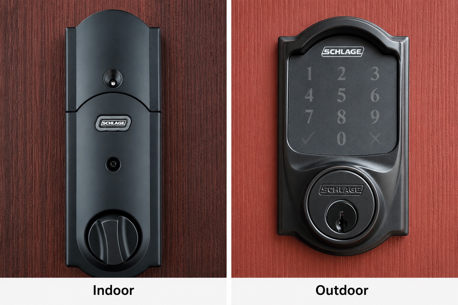 The Schlage BE469ZP Z-Wave deadbolt on the front door -- exterior keypad and interior thumbturn